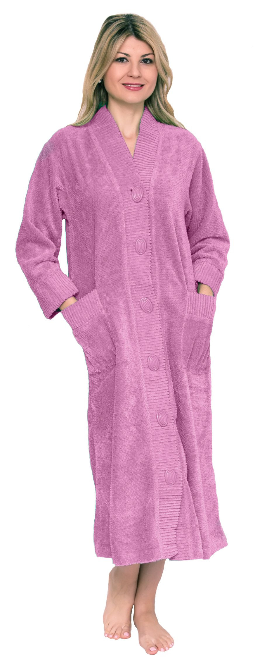 Button Front Chenille Robe with Ribbed Details