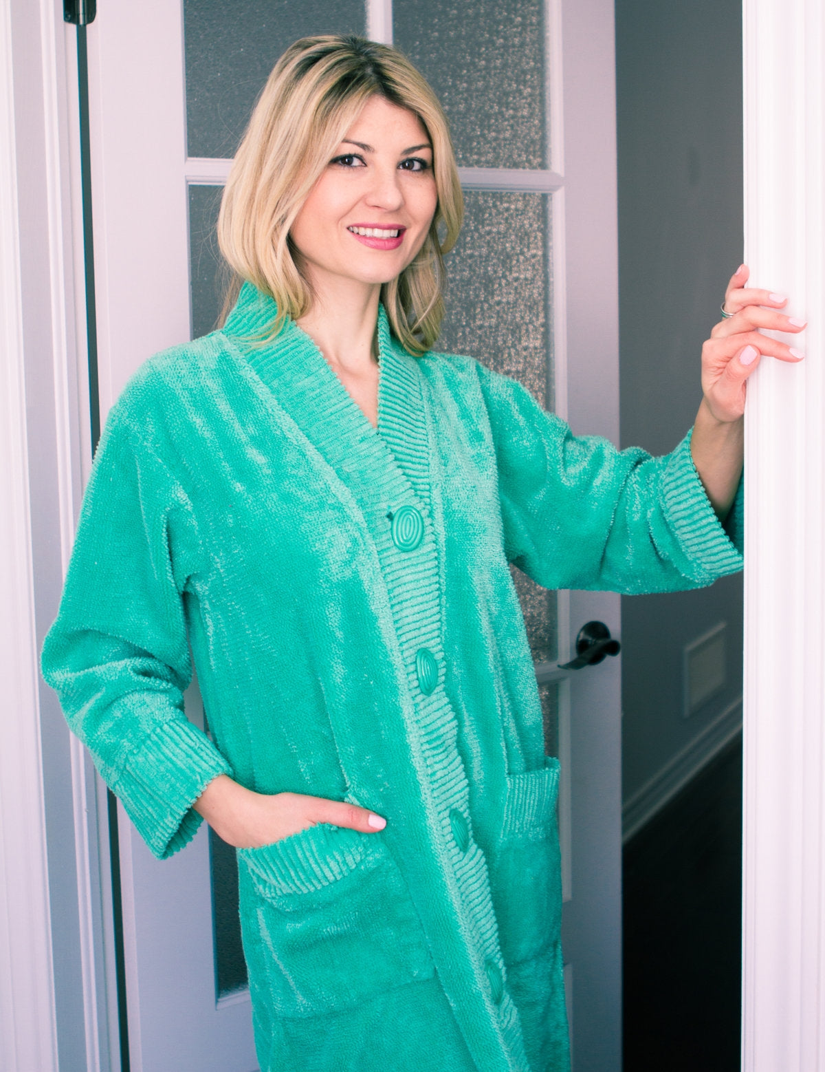 Button Front Chenille Robe with Ribbed Details – Bath & Robes